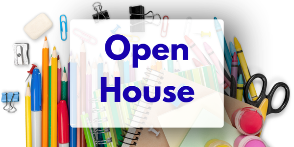 school supplies with the text, open house.
